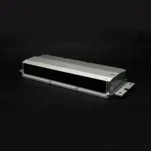 LIDAR component with mounting brackets on a black background.